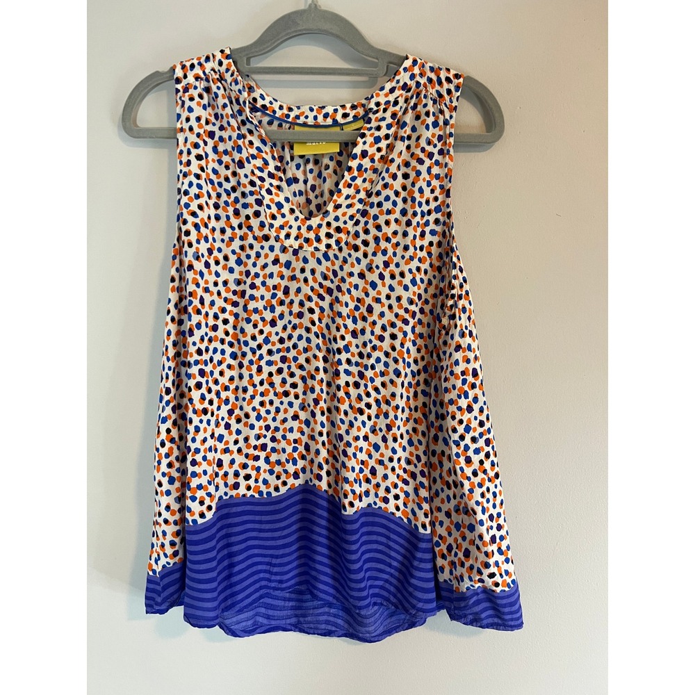 Maeve Anthropologie  Polka Dot Striped Hem Sleeveless Blouse Orange Blue 8